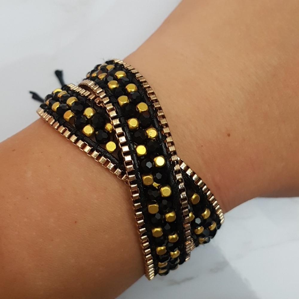 Double Strand Gold Black Wrap Bracelet